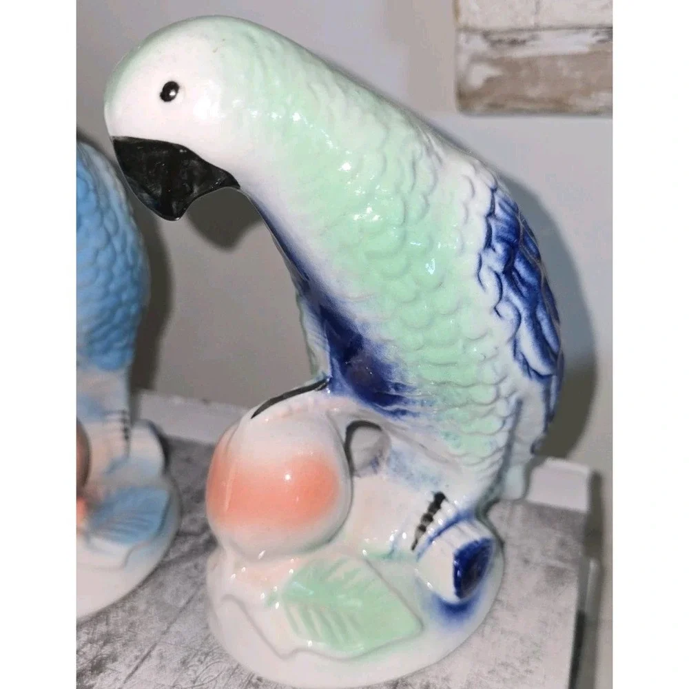 Set‎ Of 2 Vintage Porcelain Blue Parrots Figurine Brazil Pastel Colors No Chips